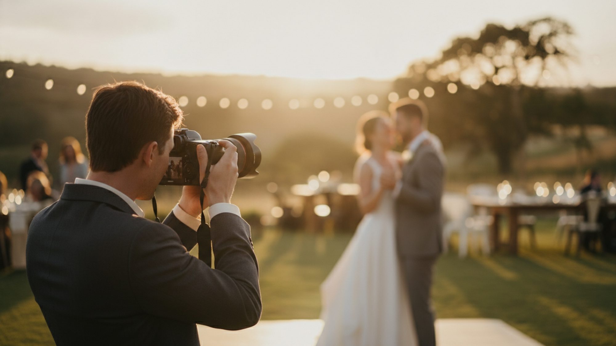 A wedding photographer at golden hour framing a couple dancing at a countryside reception